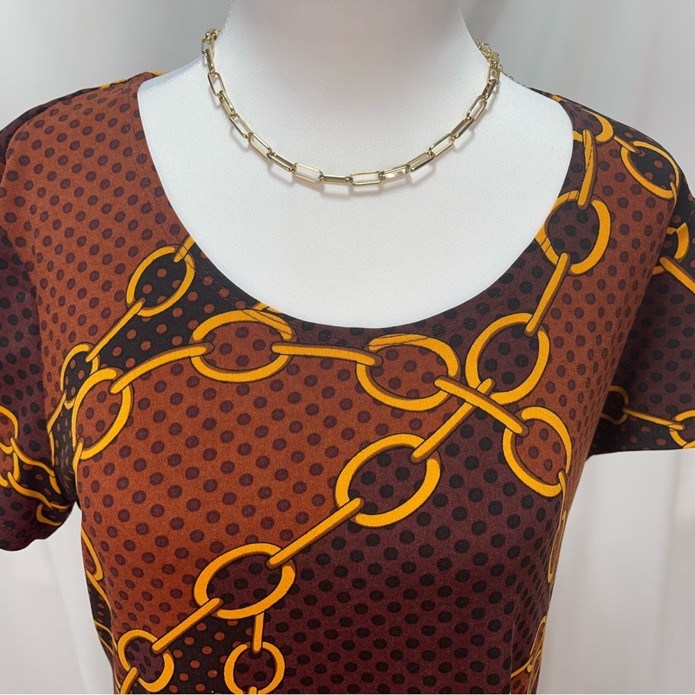 Chain Print Brown polkadot Dress stretchy flowy short sleeve women’s size M - Picture 3 of 15